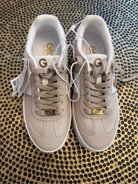 GBG Taupe Suede Low-Top Sneakers with Gold Accents